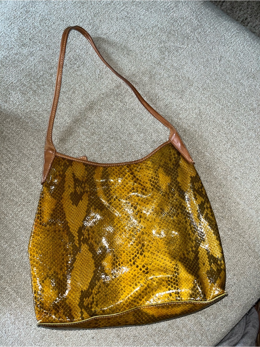 Maxx New York Yellow Snake-Print Shoulder Bag with Brown Trim